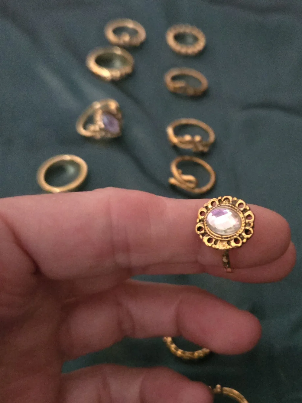 Antique Gold-Tone Women's Rings Set, Some CZ, Some Decorative, Lot Of 16